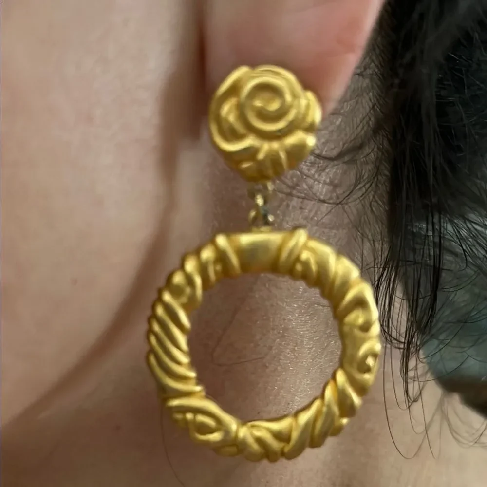 Gold Textured Hoop Earrings with Rosette Studs